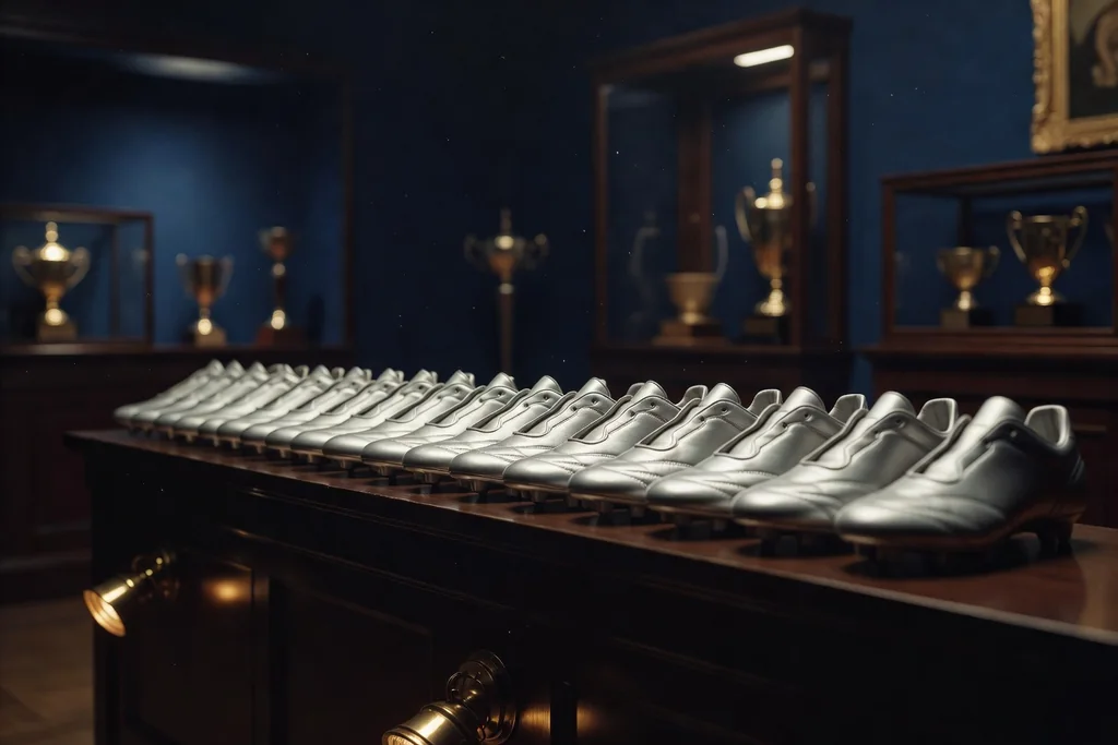 A neat row of plain unmarked silver football boots on a dark shelf in a dim trophy room