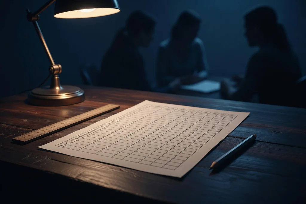 A printed blank league table grid on white paper on a dark desk with a ruler and pencil