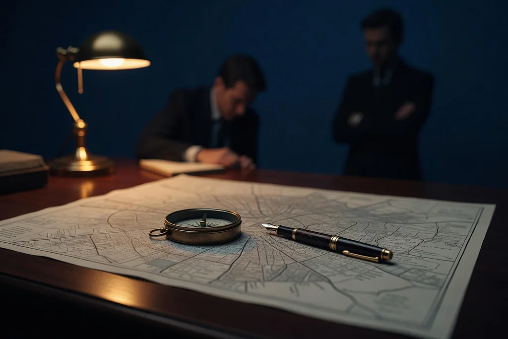 A printed plain city map with a brass compass and a fountain pen on a dark desk