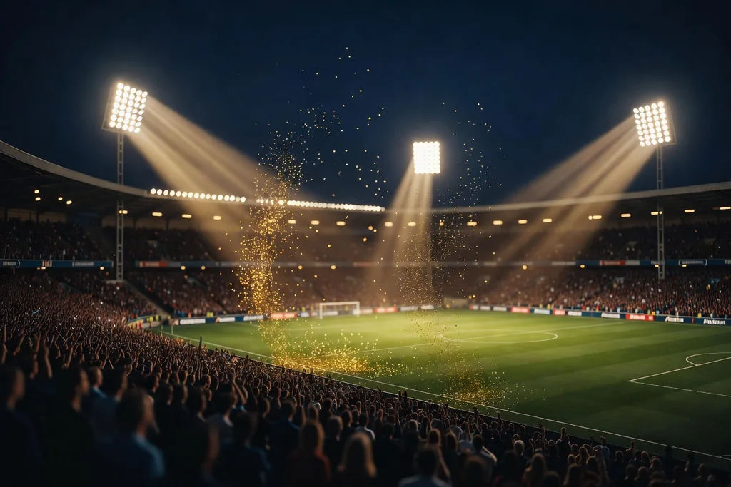 A floodlit pitch at night seen from high up in the stands