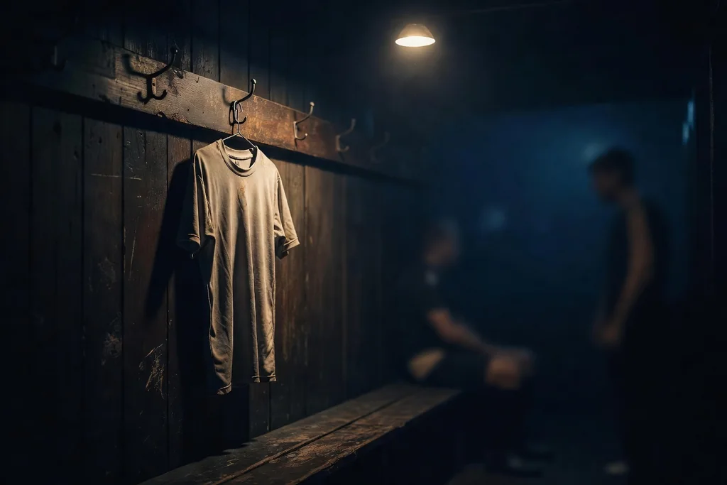 A worn plain football shirt with no numbers and no badges hanging in a dim wooden dressing room