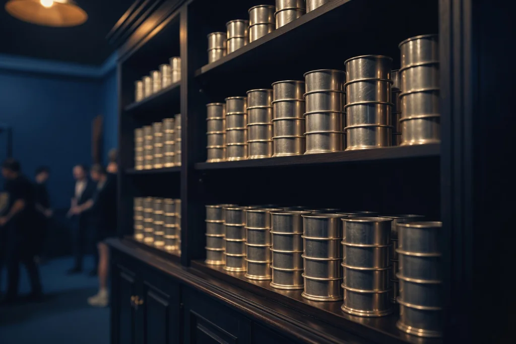 A deep cabinet packed with many plain unmarked silver cups on dark shelves