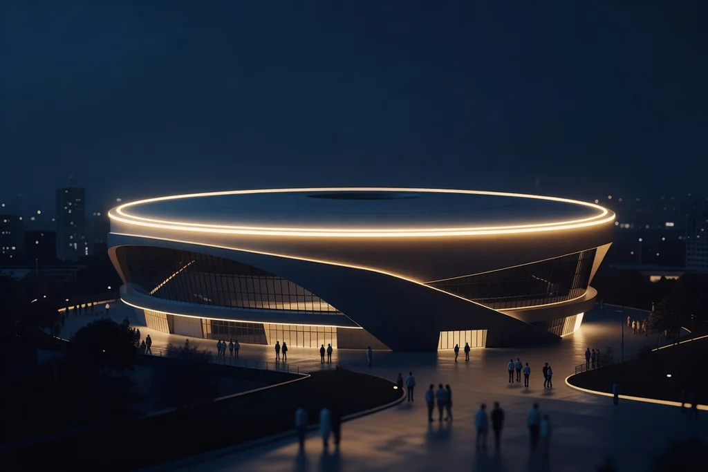 A large modern stadium exterior at night with a bright illuminated ring of lights around the roof