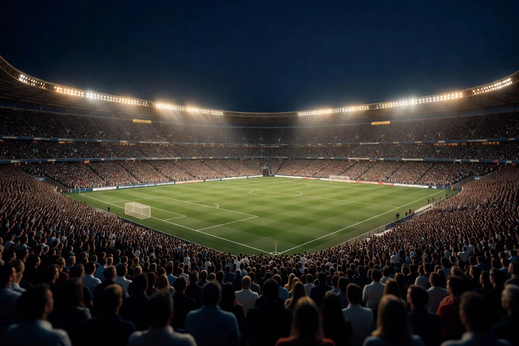 A wide night panorama of a huge packed football stadium