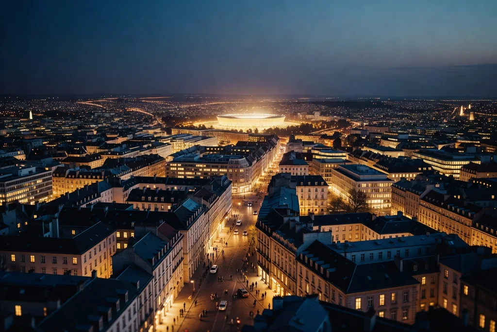 An aerial view of a European host city at dusk with a glowing stadium bowl in the distance