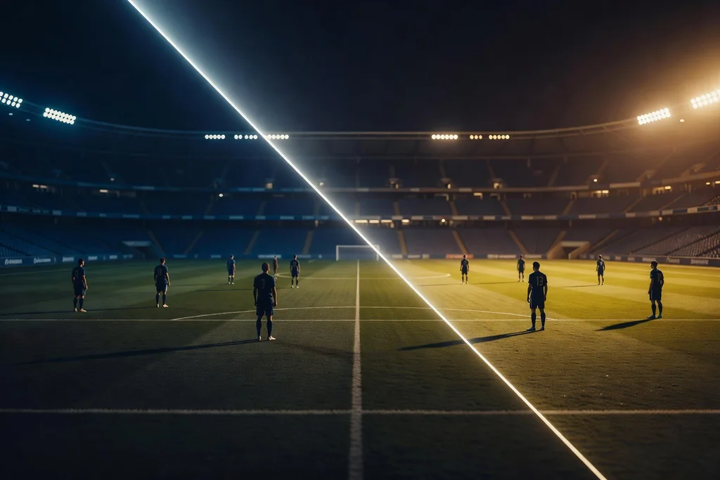 A stadium at night split by a sharp line of light across the pitch