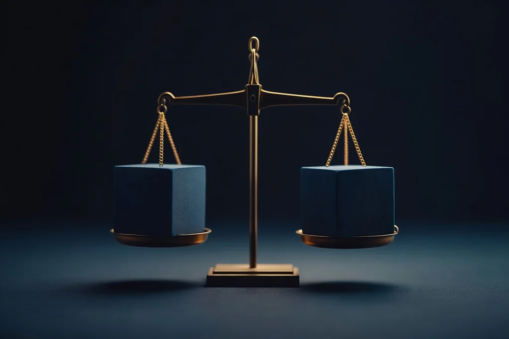 A simple balance scale with two evenly matched dark blue blocks on either side