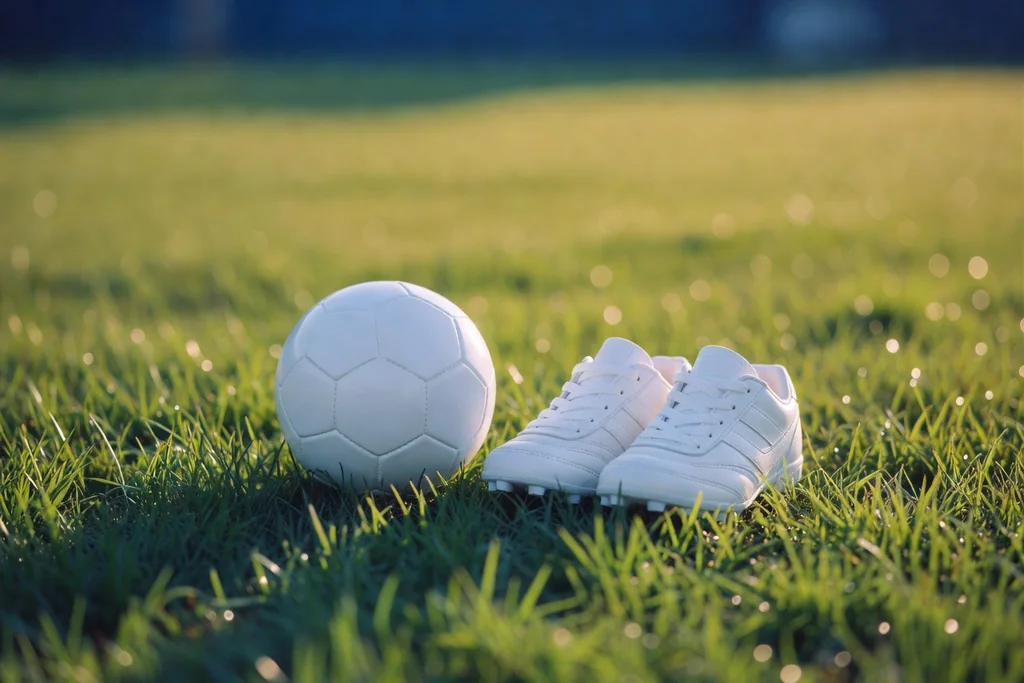 A small plain white football beside a pair of child sized football boots on bright green grass