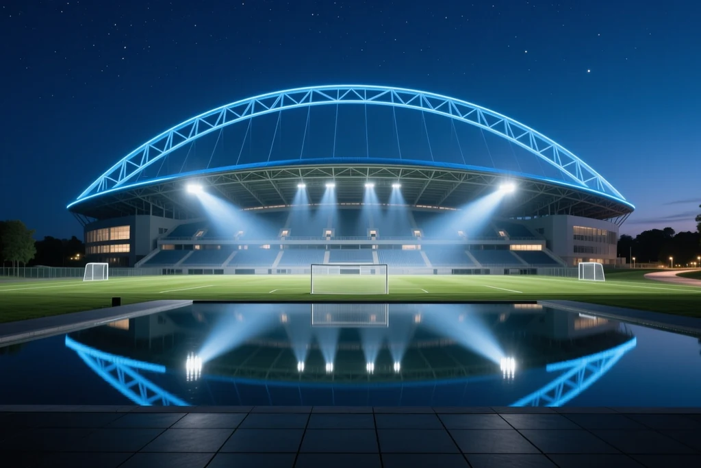 A floodlit stadium arch seen at night
