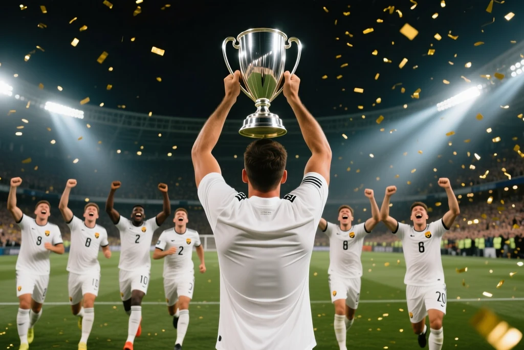 A captain lifting a cup above his head, seen from behind
