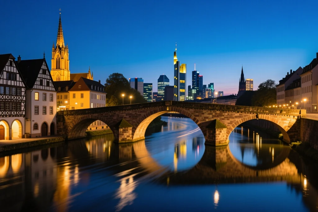 A European city skyline at night