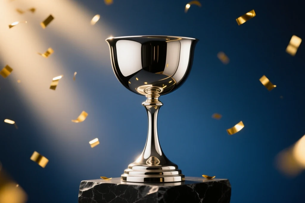 A silver cup on a dark plinth with golden light and confetti