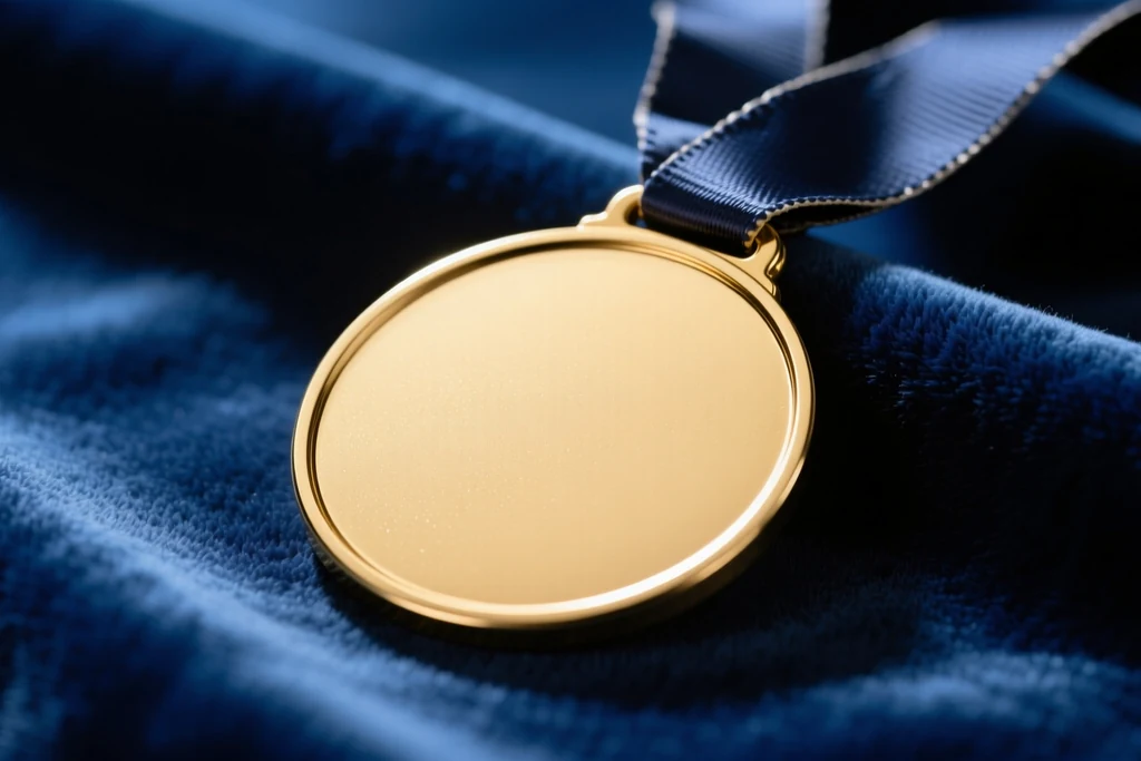 A gold medal resting on navy velvet