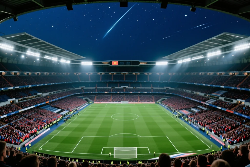 A night panorama of a packed floodlit stadium