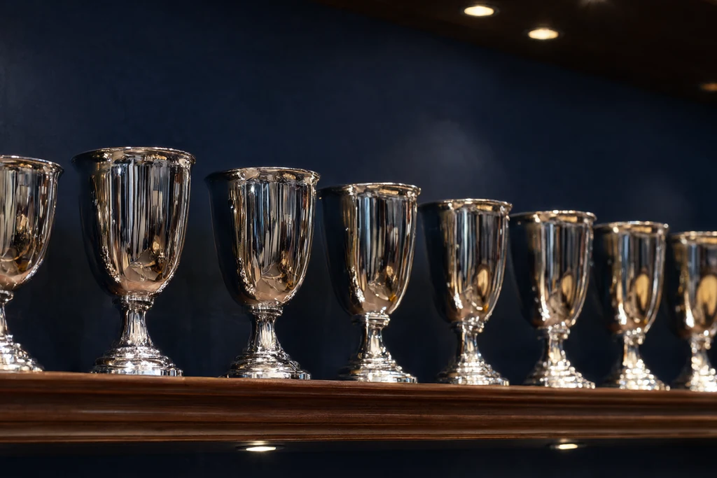 A row of silver cups in a dim trophy room