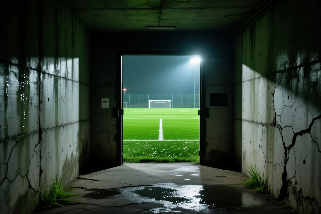 A dark player tunnel opening onto a floodlit pitch